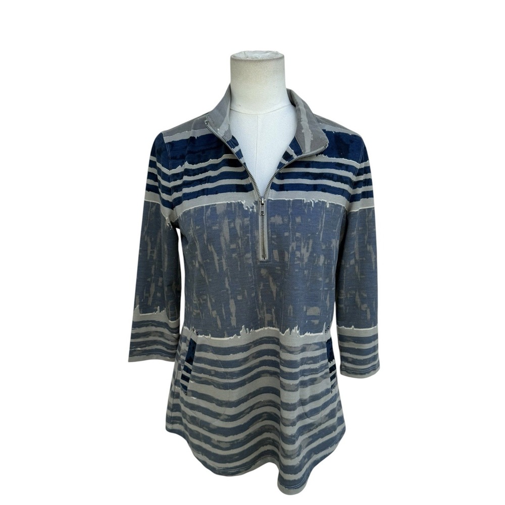Multiples Womens Small Blue Gray Abstract Stripe 1/4 Zip Pullover 3/4 Sleeve Top